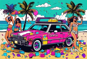 1980's style dance party with boom box and confetti in a beach theme. include people in 80's miami beach clothes, music note. Do not include cars tattoo idea