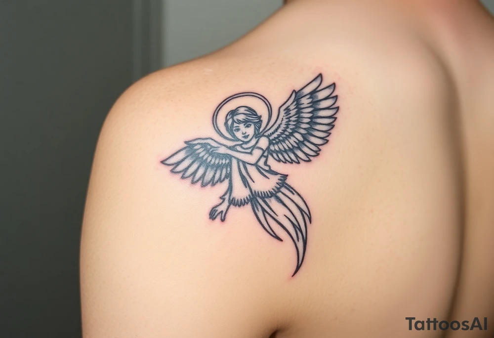 upper arm tattoo - Remembrance angel of a deceased best friend with the name Jazy incorporated tattoo idea