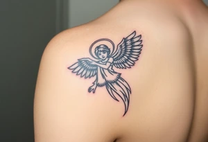 upper arm tattoo - Remembrance angel of a deceased best friend with the name Jazy incorporated tattoo idea