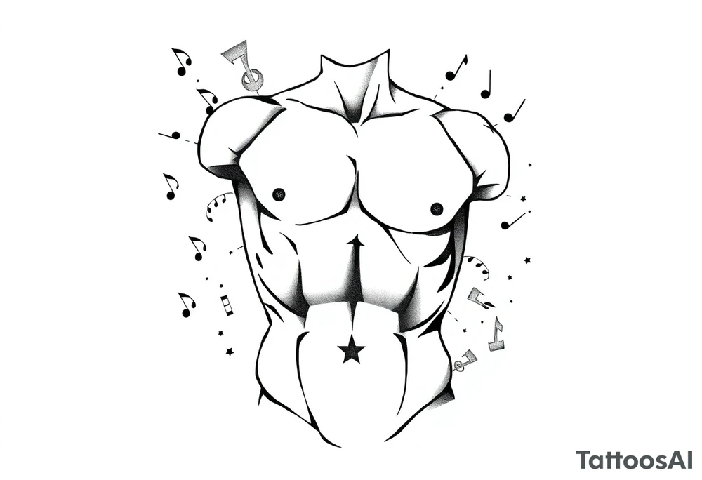 Male Greek statue torso. No arms, legs or head. Fit and muscular. Simple design. Creative arts symbols like music notes scattered around the torso and partially behind it. tattoo idea