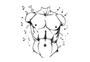 Male Greek statue torso. No arms, legs or head. Fit and muscular. Simple design. Creative arts symbols like music notes scattered around the torso and partially behind it. tattoo idea