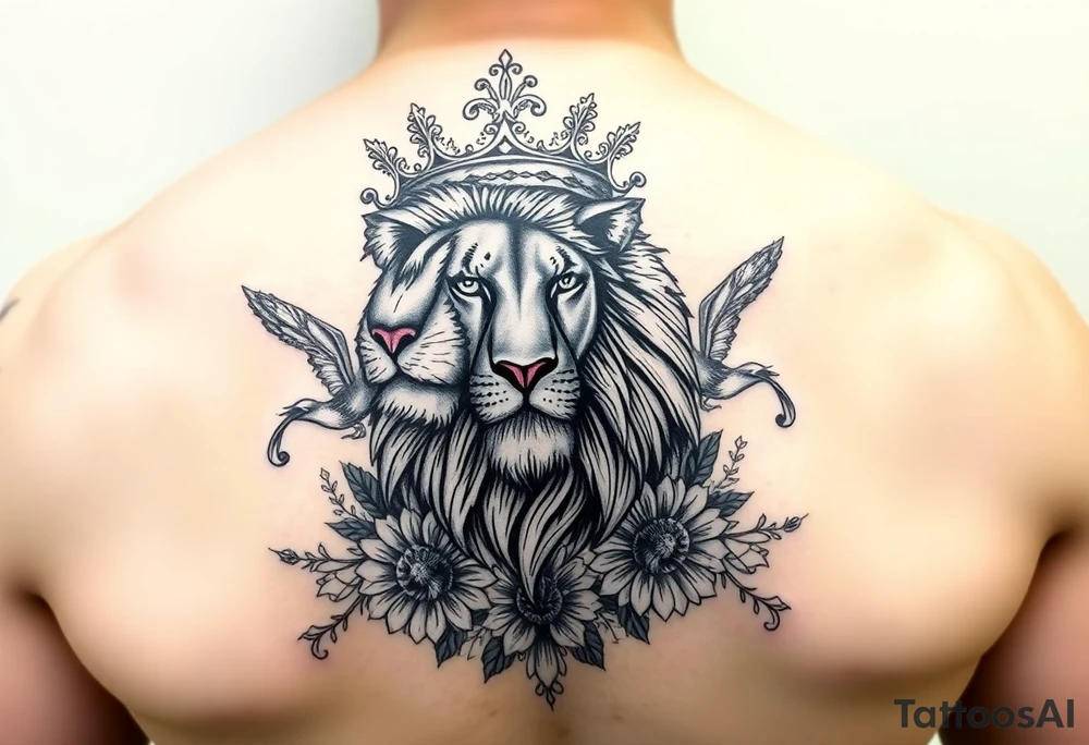 powerful majestic lion with a crown, surrounded by floral ornaments and birds tattoo idea
