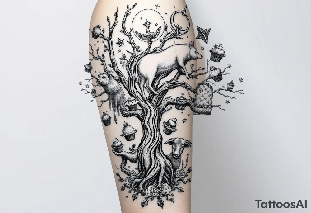mystical tree with  and celestial branches fat naked sexy woman , peacock , pig , cupcakes, liquor, cigerette, Storm clouds, pig, peacock , fat sexy naked fat woman, cupcakes, noose , money, goat lion, couple having sex, cigerette storm lightening, killing, darkness death, violent majestic creatures tattoo idea