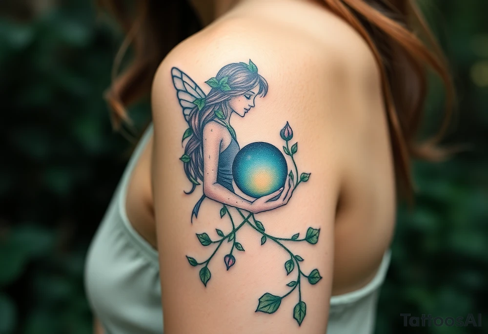 A gentle forest nymph with ivy-wrapped arms, holding a small glowing crystal ball that reflects the Virgo constellation tattoo idea