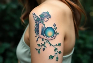 A gentle forest nymph with ivy-wrapped arms, holding a small glowing crystal ball that reflects the Virgo constellation tattoo idea