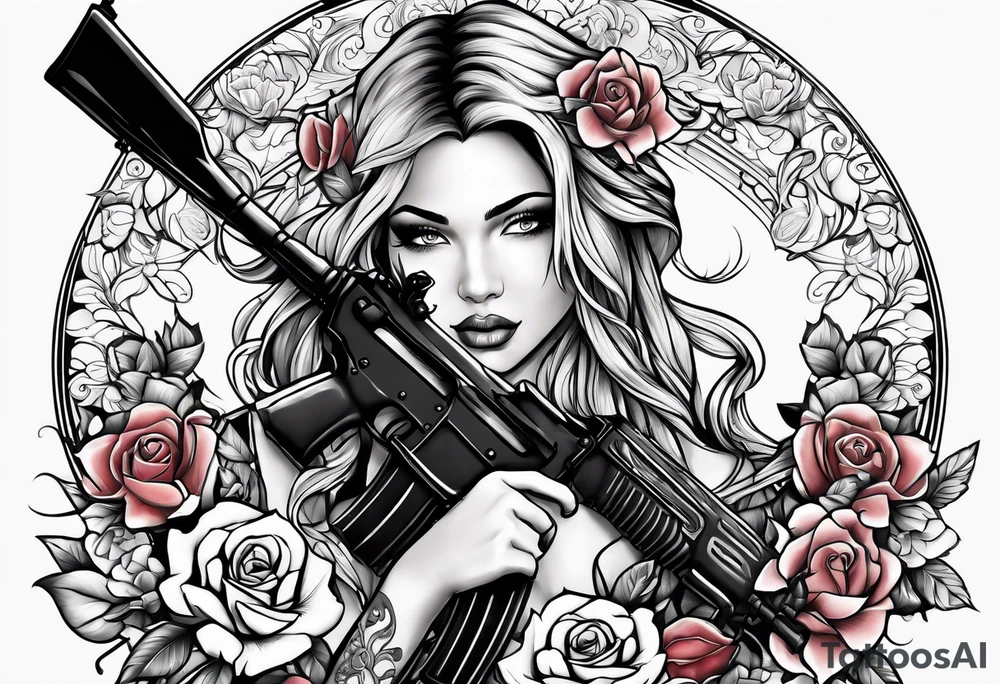 Beautiful angle with tattoos surrounded by roses holding a ak 47 tattoo idea