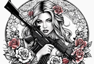 Beautiful angle with tattoos surrounded by roses holding a ak 47 tattoo idea