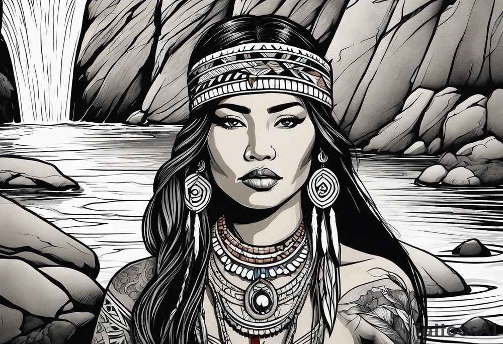A native American Indian woman by a waterfall she is Aquarius water barrer she has tattoos and her eyes can see right through you tattoo idea