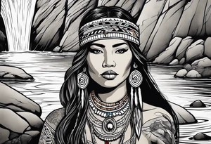 A native American Indian woman by a waterfall she is Aquarius water barrer she has tattoos and her eyes can see right through you tattoo idea