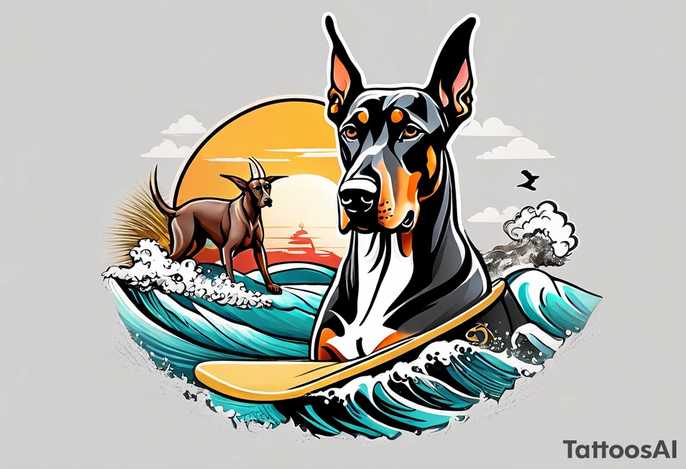 doberman smoking a cigar on a surfboard with a goat with larger horns tattoo idea