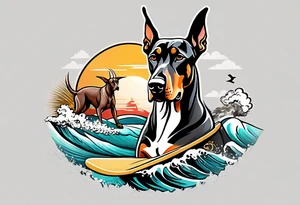 doberman smoking a cigar on a surfboard with a goat with larger horns tattoo idea