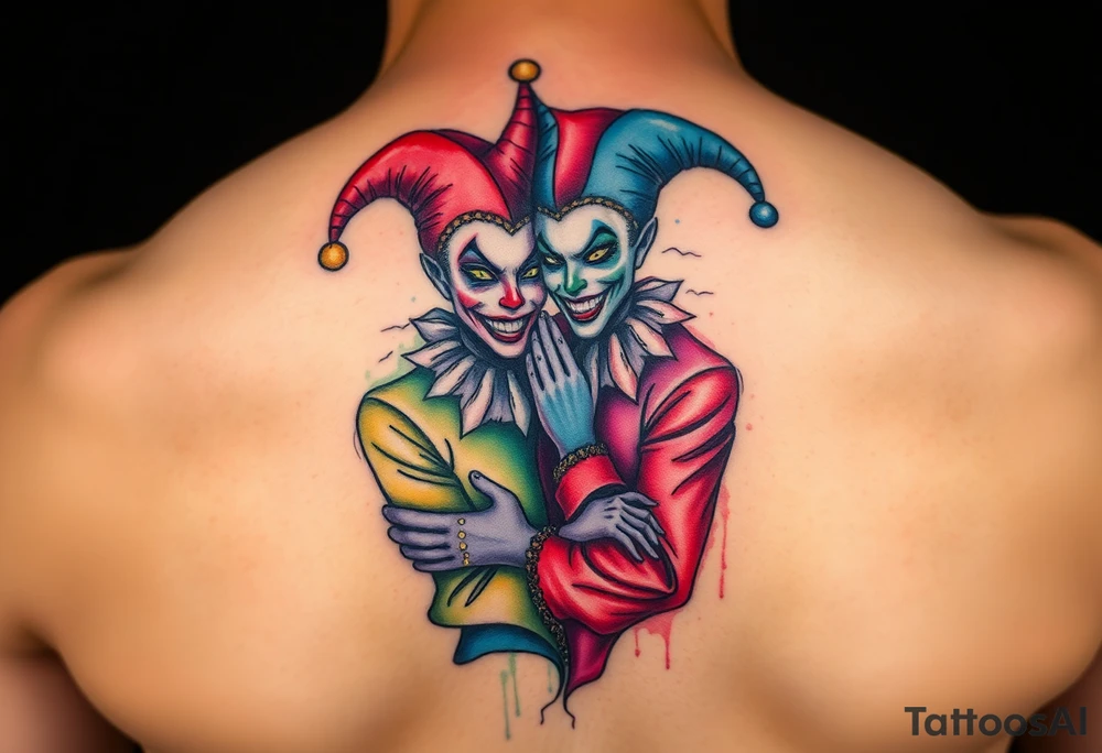 a toxic power jester couple holding each other with cheeks being pulled to force smile tattoo idea