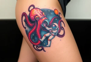 Kraken octopus grabbing a astronaut in a Outer space back ground tattoo idea