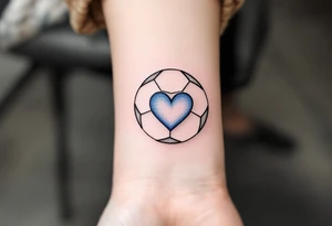 A minimalist black outline of a soccer ball with a single blue heart at its center. tattoo idea