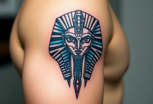 A Pharaoh’s Mask with a Modern Twist (Cyberpunk, Biomechanical, etc.)(only red , blue and black are possible colors) tattoo idea