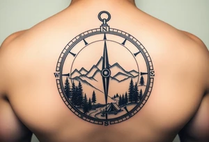 Open compass, bottom half with mountains, trees, stream, and tent. The S of the compass should be a fishing lure tattoo idea
