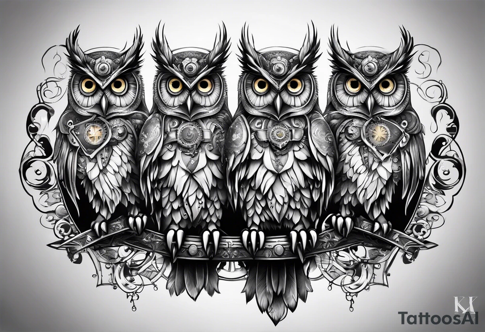 three headed owl in steampunk tattoo idea