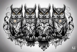 three headed owl in steampunk tattoo idea