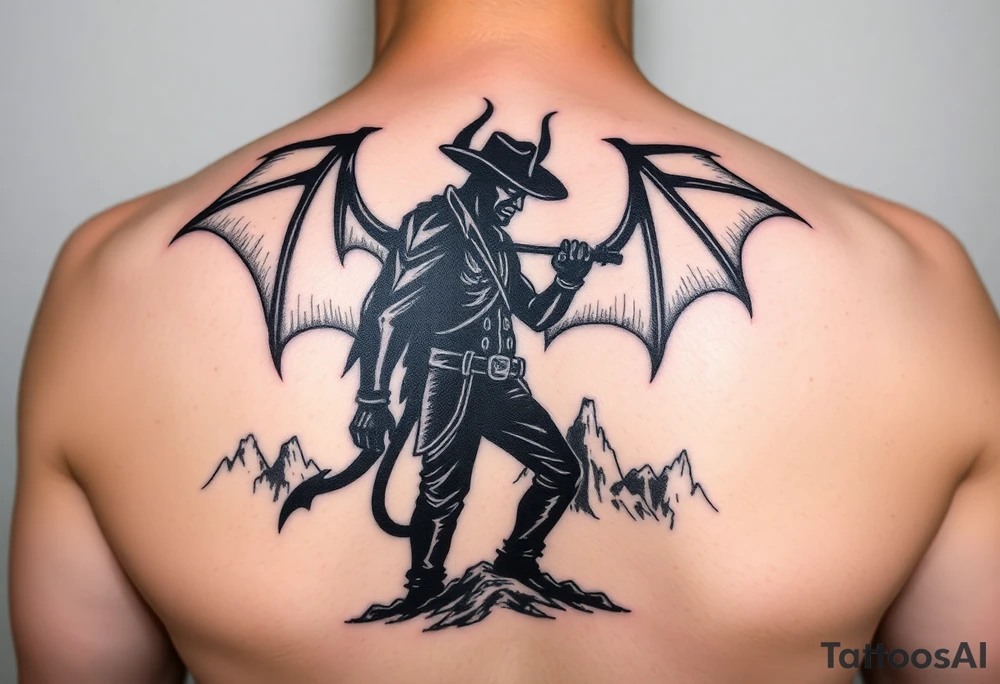 Demon cowboy silhouette against a fiery, jagged landscape. tattoo idea