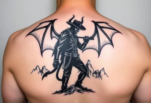 Demon cowboy silhouette against a fiery, jagged landscape. tattoo idea