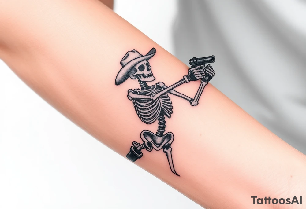 Cowboy skeleton shooting a gun in the air tattoo idea