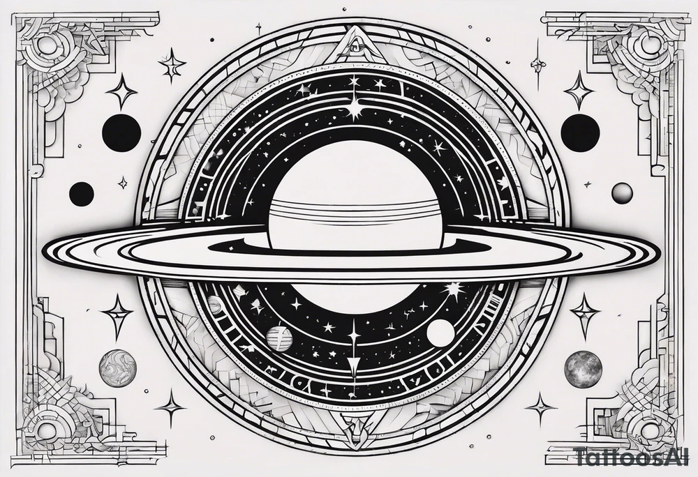 A tattoo with Saturn at the center surrounded by intricate linguistic symbols, reflecting the client's interests in cosmology and linguistics. tattoo idea