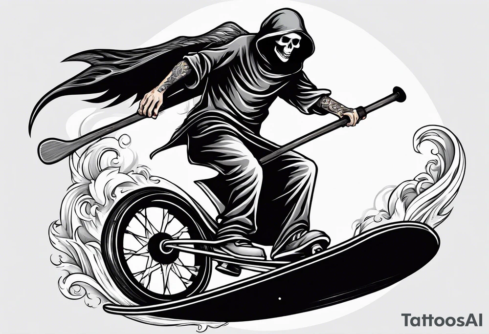the grim reaper riding a skateboard with an angel halo above his head tattoo idea