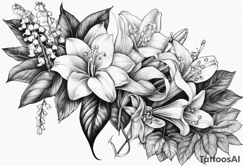 half sleeve on forearm of plants, specifically lily of the valley, bleeding heart, and angel trumpet tattoo idea