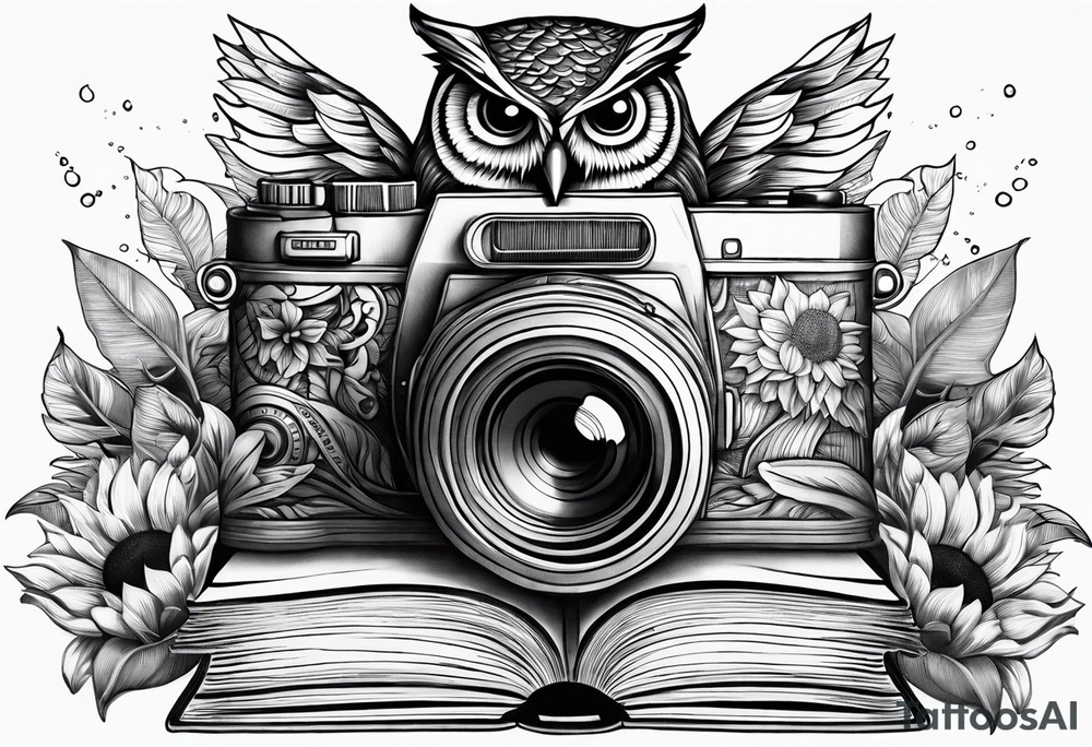 sunflower, camera, water wave, owl, book tattoo idea