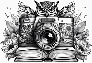 sunflower, camera, water wave, owl, book tattoo idea