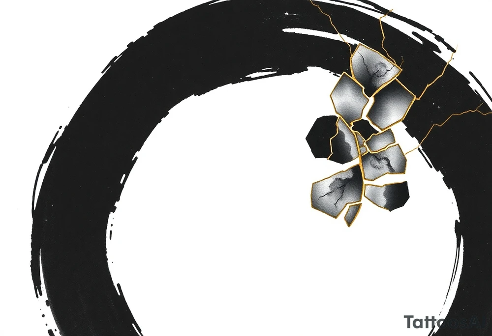 A Japanese‑inspired tattoo of a thick Zen ensō circle, drawn with a bold, hand‑painted black ink brushstroke. The circle is imperfect and organic, with visible texture and subtle variation in line thickness. About the last quarter of the circle, near the top‑right, transforms into a cracked ceramic segment that has been repaired using kintsugi: visible broken pieces outlined and joined by thin, flowing gold lines. There should be a couple big pieces rather than lots of small ones. The circle and the ceramic part should have the same thickness. The gold seams follow the natural fractures of the ceramic section, creating several branching cracks rather than a single line, clearly distinguishing this repaired portion from the rest of the smooth ink circle. The transition from ink to ceramic should feel natural, as if the painted circle solidifies into a fragile object that has been lovingly mended. Keep the interior of the circle empty, with a clean white background and no extra symbols or text. Design it as a black and gray tattoo with a subtle metallic gold effect on the kintsugi seams, suitable for a medium‑sized placement on the back of the bicep. tattoo idea
