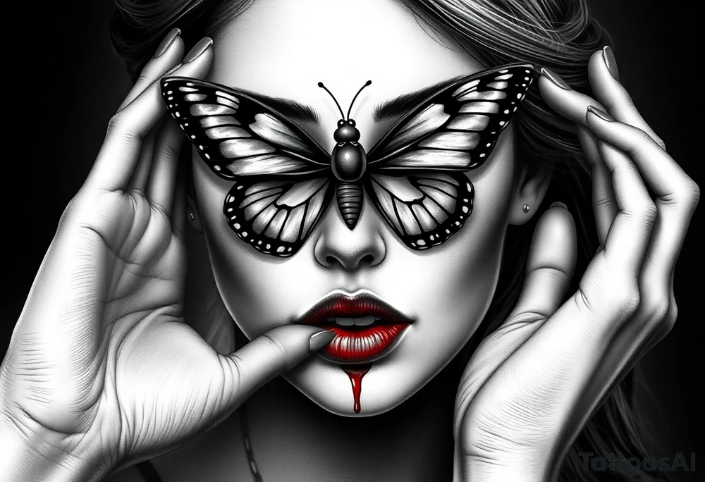 Black and grey realism tattoo design of a beautiful woman's face. And a butterfly landing g on her on the upper bridge of her nose so that the lower wings of the butterfly is covering both her eyes  the butterflys right lower wing is covering her right eye and the lower left of the butterfly wing is covering her left eye  (see no evil), she is bitting on her lip hard to where it is bleeding bright red(speak no evil). Wuth her left hand iver her left ear and her right hard over her right ear ( hear no evil )The style is black and grey realism, hyper-realistic, dark, and evil. Incorporate ninja gear elements and mechanical details (gears) subtly into the background or clothing for a gear ninja evil look. Design for a full forearm sleeve placement tattoo idea