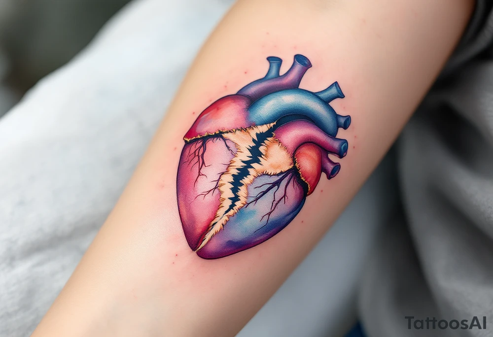 An anatomical heart torn in half, with golden stitches holding it together, signifying resilience and recovery. tattoo idea