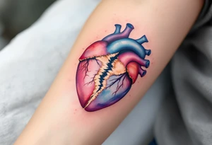 An anatomical heart torn in half, with golden stitches holding it together, signifying resilience and recovery. tattoo idea