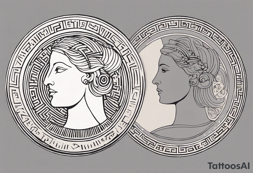 "Craft a minimalist round tattoo inspired by ancient Greek art, centered around Clio, the muse of history. Design a circular composition featuring Clio depicted in the center, holding a scroll adorned with historical symbols or inscriptions. Surround her with subtle yet meaningful elements such as ancient architectural motifs, symbolic representations of ancient civilizations, or fragments of historical texts. Ensure the design maintains a minimalist aesthetic with clean lines and limited detail, while capturing the essence of Clio's dedication to preserving and inspiring the study of history within the circular frame." tattoo idea