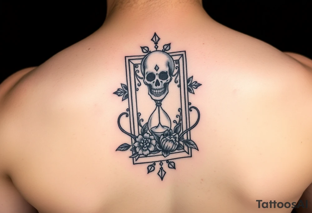 Death tarot card surrounded by a flower and hour glass tattoo idea