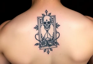 Death tarot card surrounded by a flower and hour glass tattoo idea