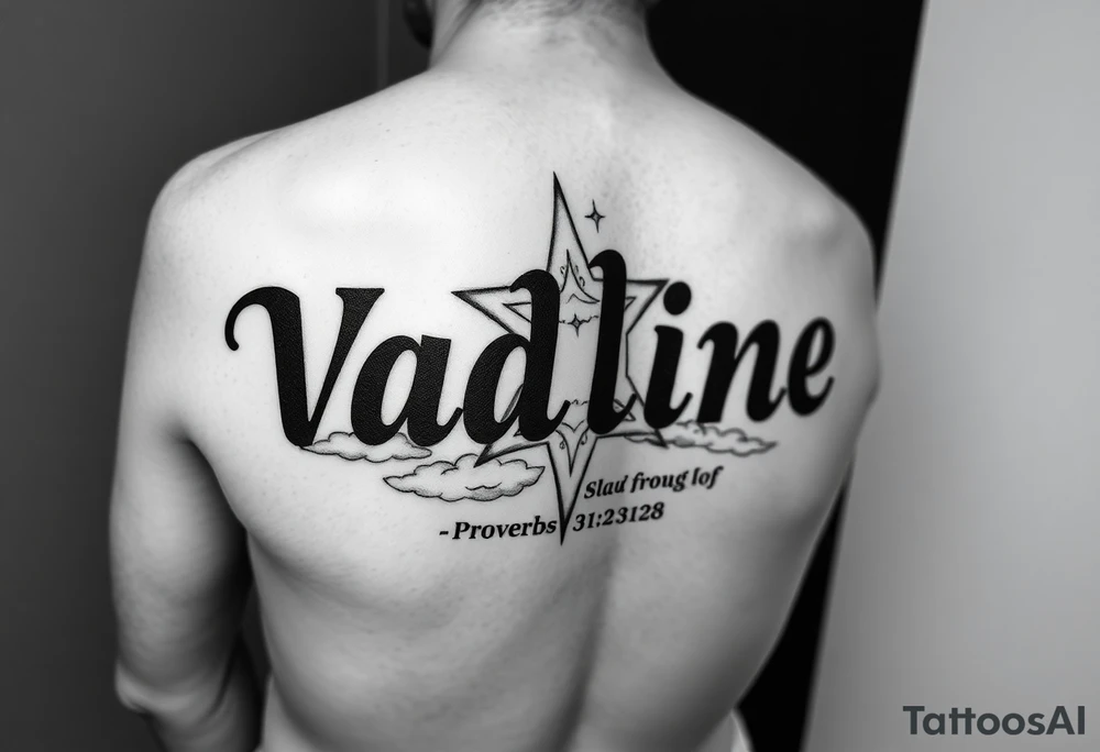 The name Vadline large print text on a human forearm in stencil format hot dog direction hyper realistic star with clouds and subtext underneath is the quote proverbs 31:28 from the bible tattoo idea