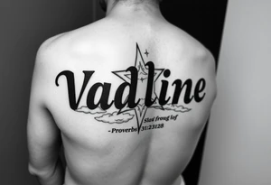 The name Vadline large print text on a human forearm in stencil format hot dog direction hyper realistic star with clouds and subtext underneath is the quote proverbs 31:28 from the bible tattoo idea