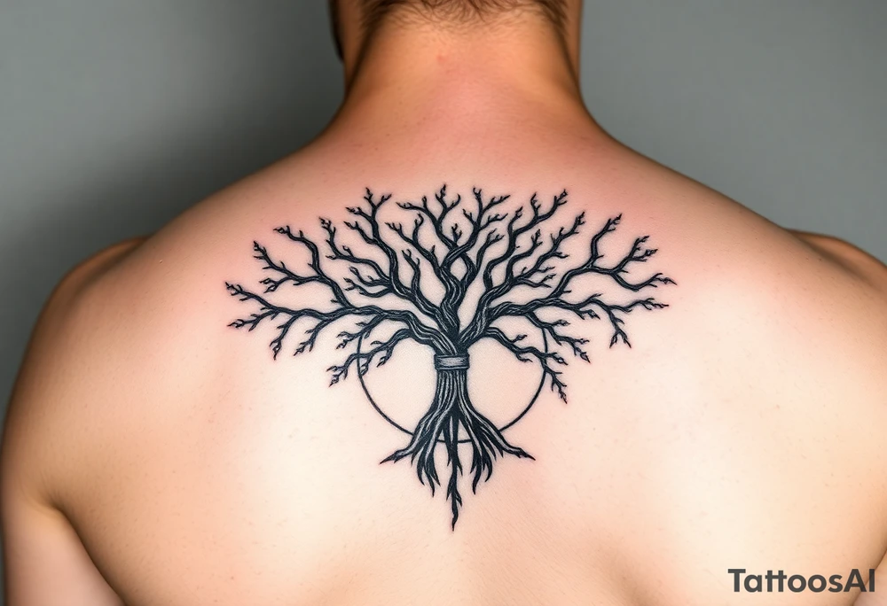 yggadrisl tree of life with circle. Jai , Phoebe, Imogen, Matilda in the circle tattoo idea