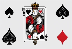 one combined tatto in minimalistic style with icon style three king of spades and icon style one queen of hearts. extreme minimalstic and few lines. much more minimalistic and fewer lines tattoo idea