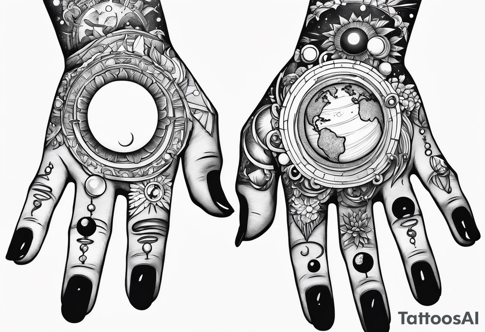 Human hand facing down with planets dangling from fingertips tattoo idea