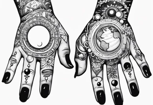 Human hand facing down with planets dangling from fingertips tattoo idea