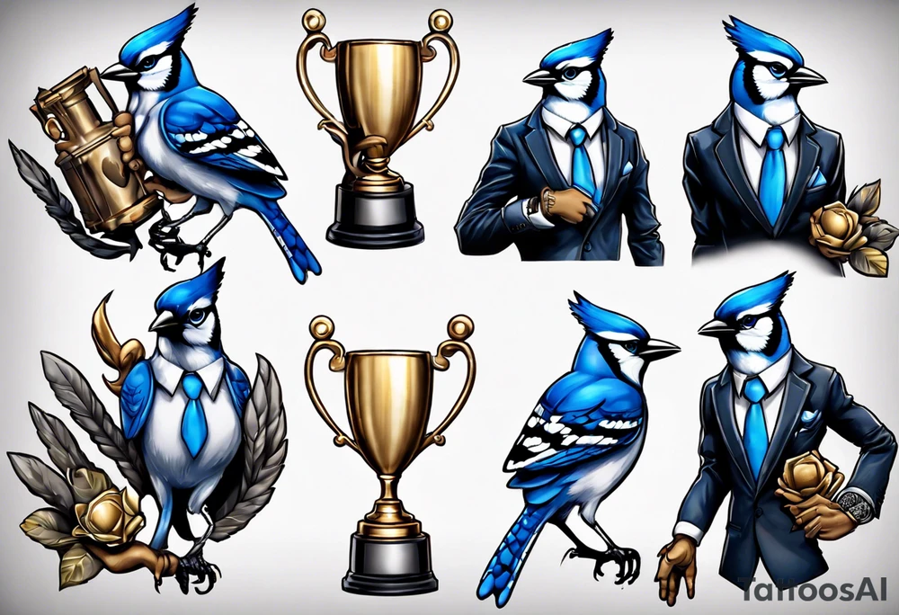 bluejay in a suit holding a trophy tattoo idea