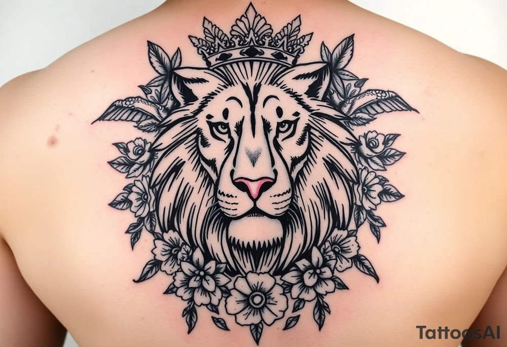 powerful majestic lion with a crown, surrounded by floral ornaments and birds tattoo idea