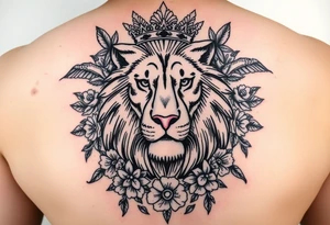 powerful majestic lion with a crown, surrounded by floral ornaments and birds tattoo idea