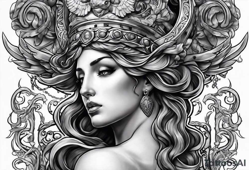 Athena sad looking up at medusa tattoo idea