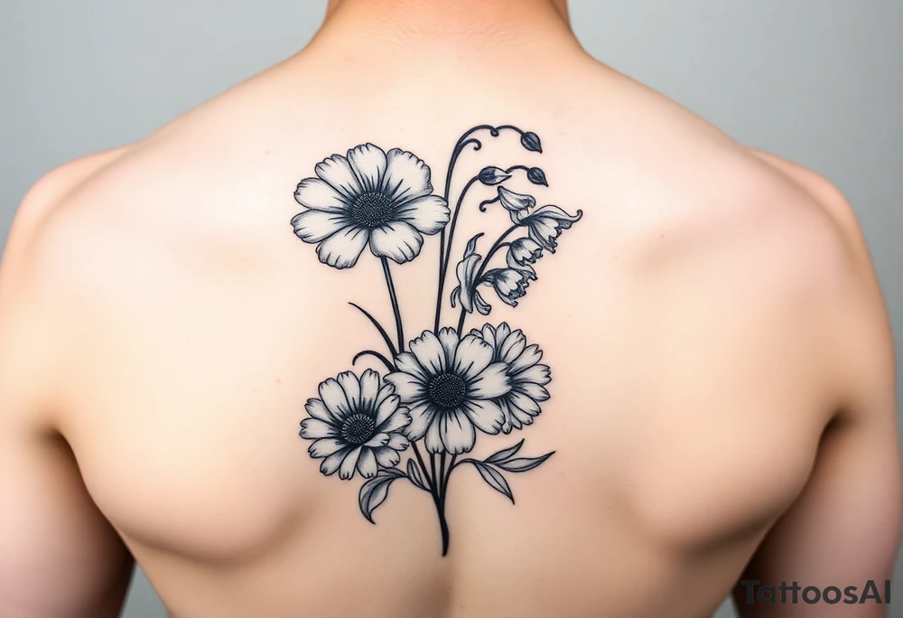 small tattoo with cosmos, lily of the valley, and chrysanthemum tattoo idea