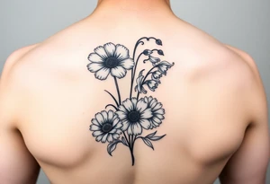 small tattoo with cosmos, lily of the valley, and chrysanthemum tattoo idea