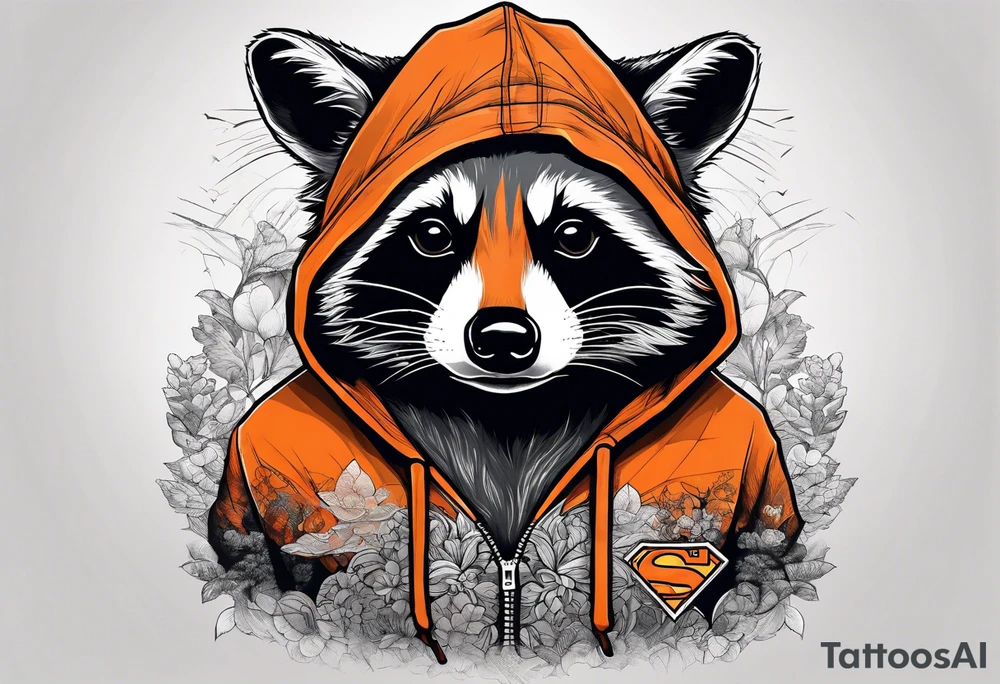 Raccoon wearing an orange Superman hoodie tattoo idea
